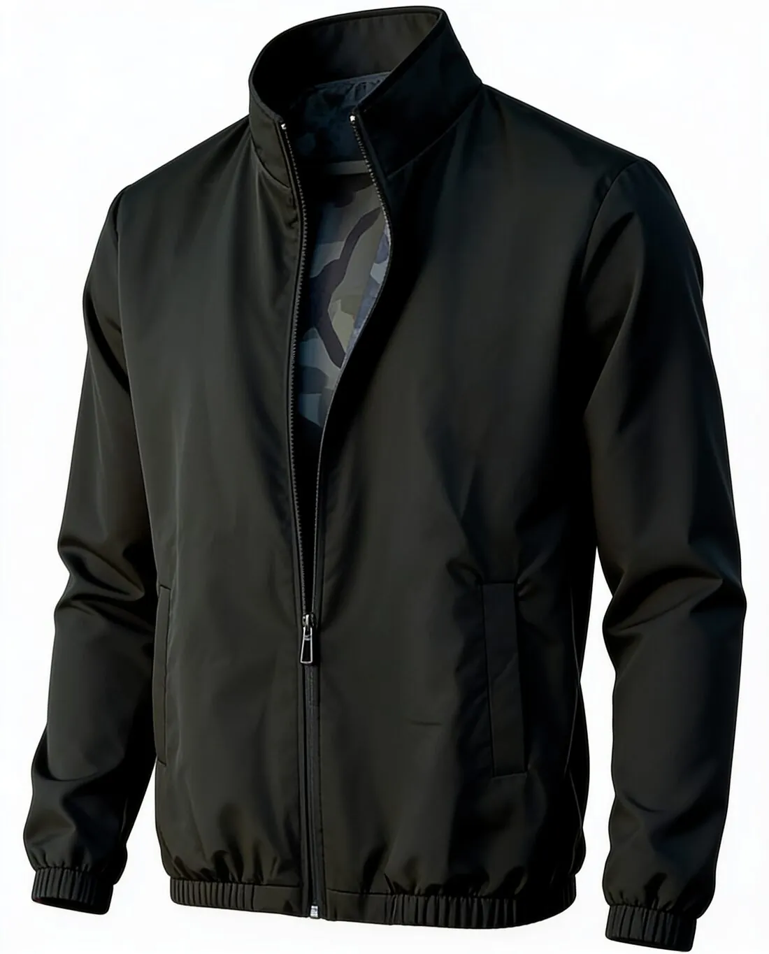 Jaket bomber hitam sebagai ghost mannequin dengan latar putih, lapisan dalamnya yang bermotif terlihat