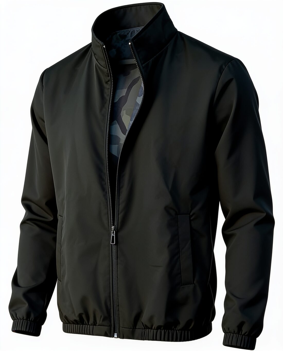 The black bomber jacket as a ghost mannequin on white, its patterned lining visible