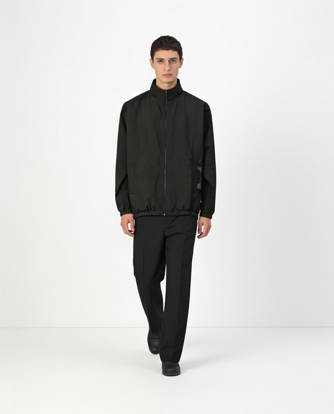 The same model and jacket, walking