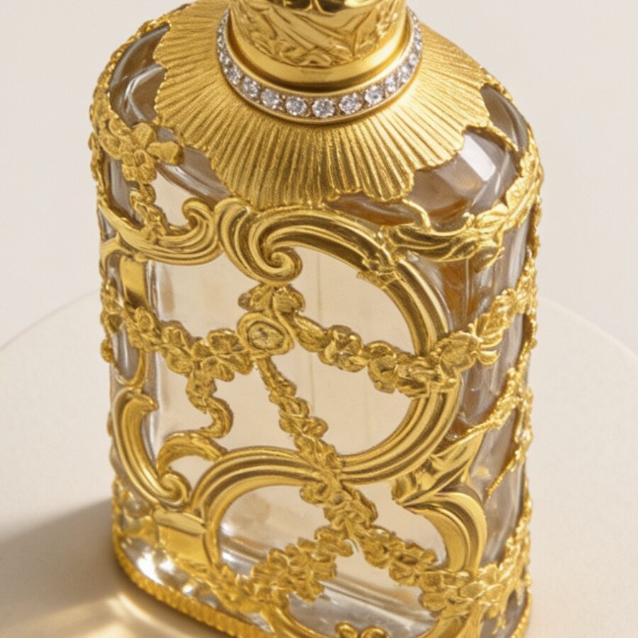 Nahaufnahme von goldenem Filigran auf einem gläsernen Flakon