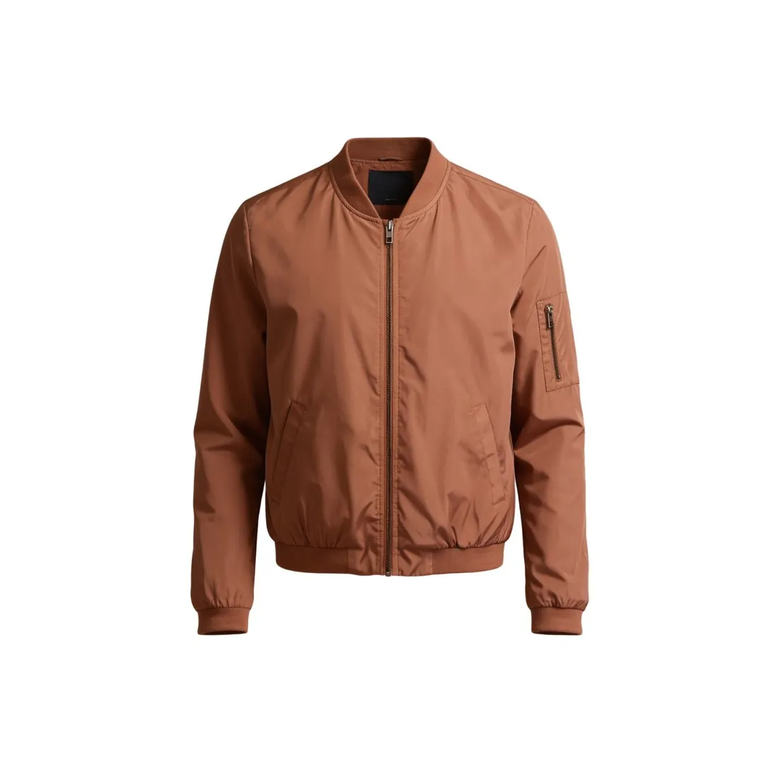 The terracotta bomber jacket as a ghost mannequin, cut out on pure white
