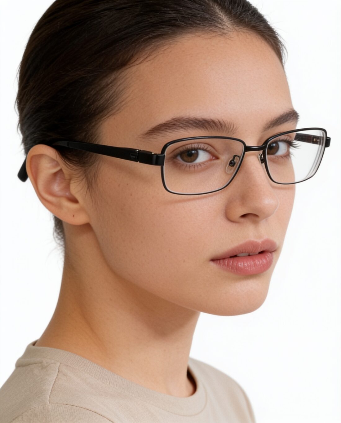 Model wearing thin black metal-frame glasses, close portrait