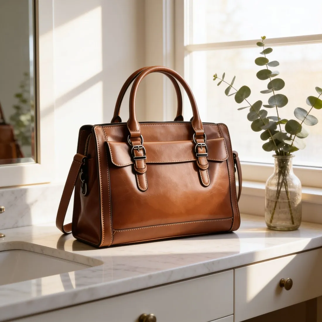 Le sac à main en cuir marron sur une coiffeuse en marbre blanc, à côté d’eucalyptus, dans la lumière du matin