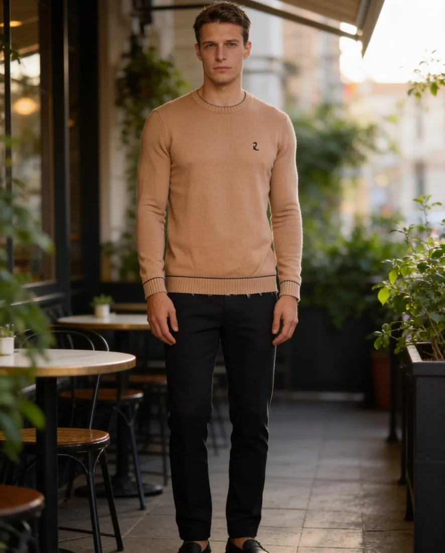 Model wearing the tan knitted crew-neck sweater with dark trousers on a café terrace in warm evening light