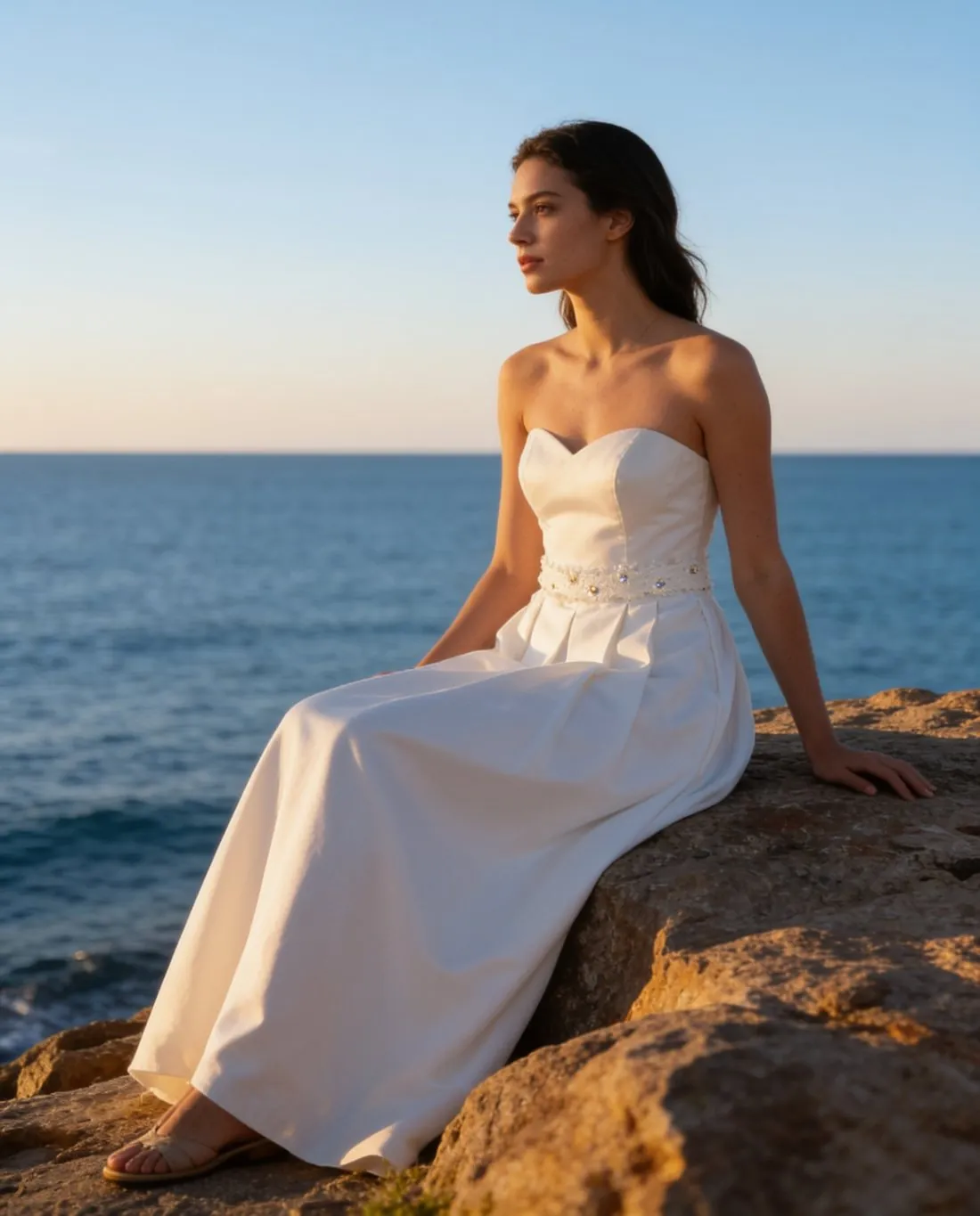 Un vestido blanco palabra de honor llevado por una modelo sentada en rocas junto al mar a la hora dorada