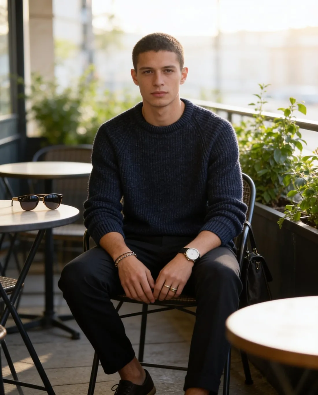 Un jersey de punto oscuro llevado por un modelo sentado en la terraza de un café con luz de mañana, con reloj y gafas de sol