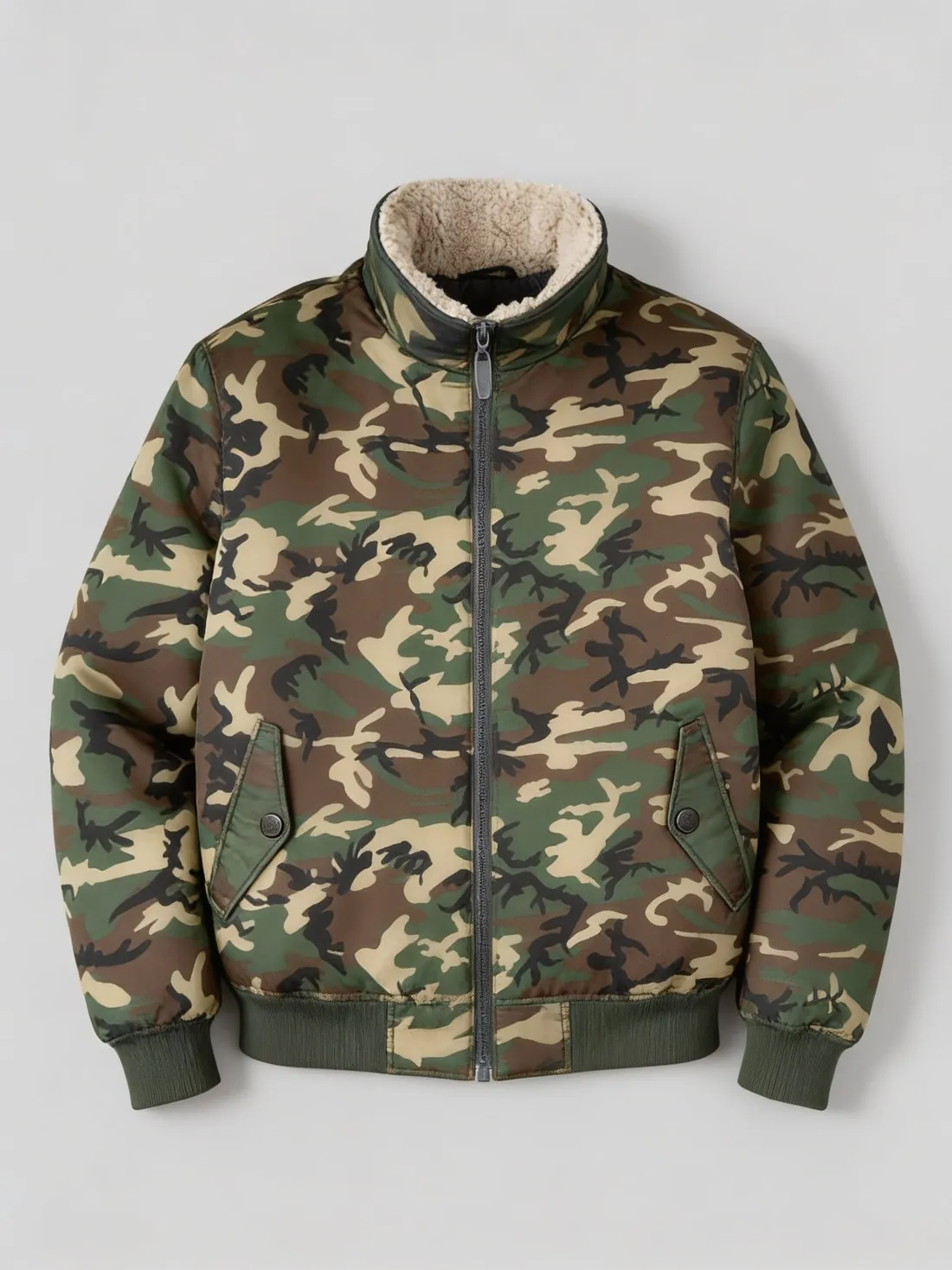The same jacket made in the camouflage fabric, its fleece collar unchanged