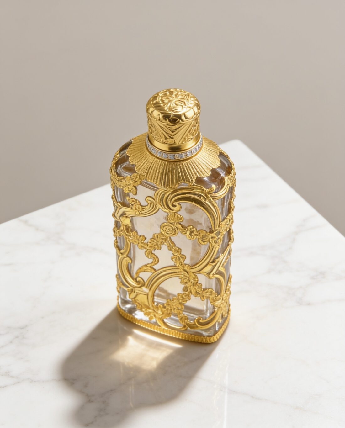 Ein Flakon mit goldenem Filigran auf einem Marmorblock
