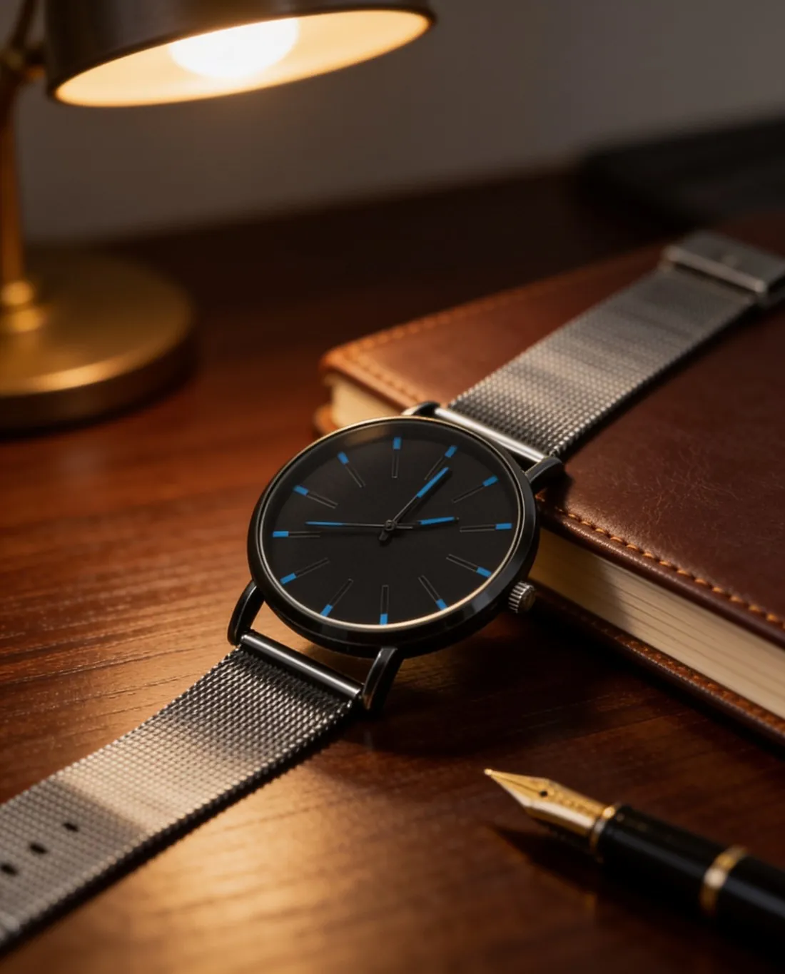 La montre à bracelet en maille milanaise sur un bureau en noyer, à côté d’un carnet en cuir et d’un stylo plume